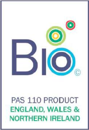 Logo with 'Bio' and text indicating PAS 110 product for England, Wales, and Northern Ireland.