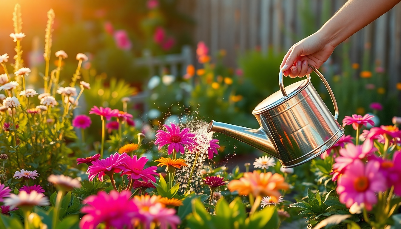 someone watering their pretty flower garden with a nice metal watering can in evening sun