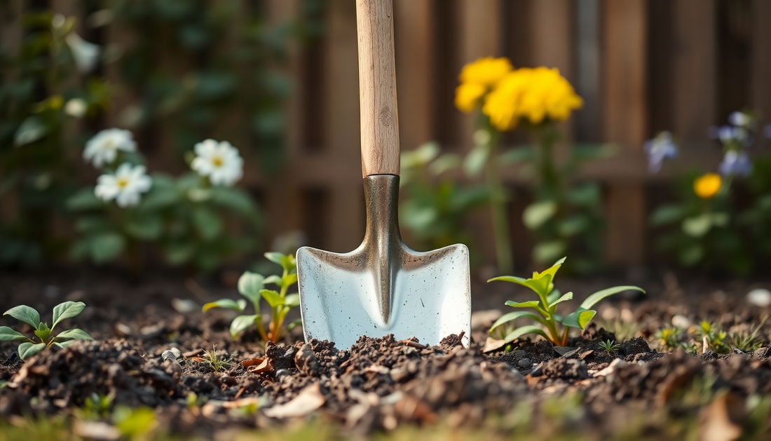 Garden shovel positioned among emerging plants, illustrating how to use peat free compost for healthy growth