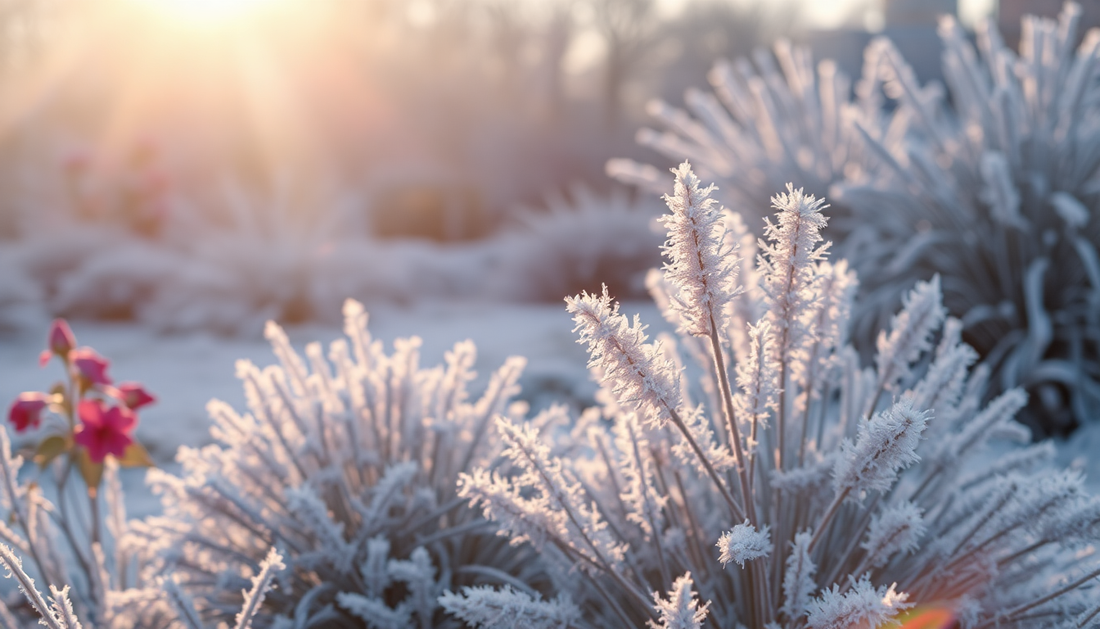 Frost-covered garden plants under soft winter sunlight illustrating how to use compost through winter