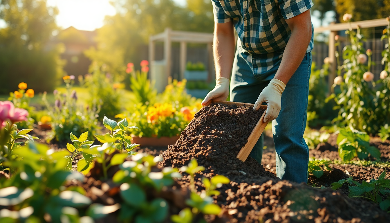 A gardener using peat free compost to enrich flower beds, exploring can you reuse peat free compost