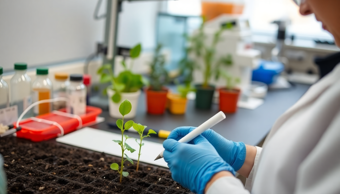 Researcher measuring Electrical Conductivity Explained in a laboratory with seedlings and equipment