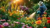 Beautiful Thriving garden with flowers in evening sunlight and gardener watering