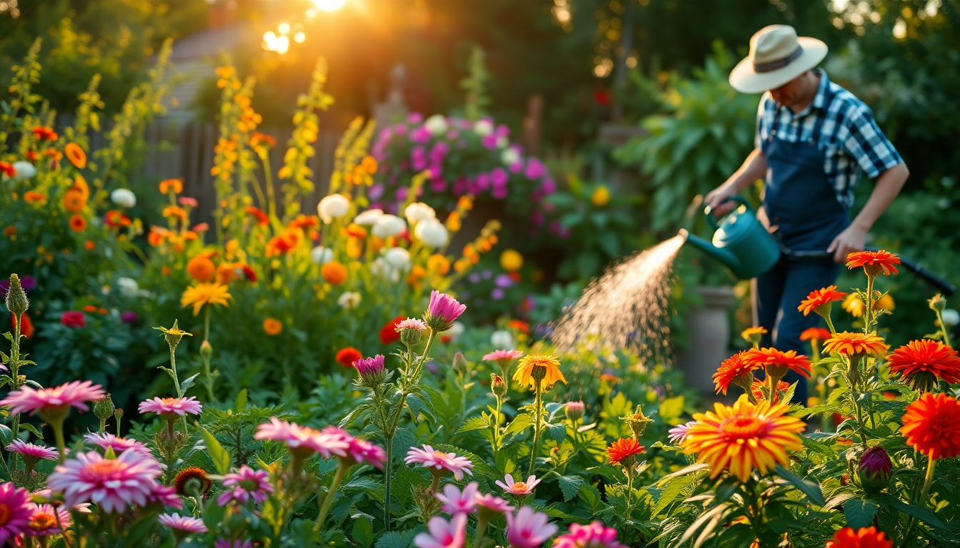 Beautiful Thriving garden with flowers in evening sunlight and gardener watering