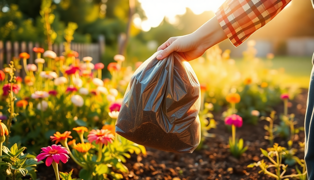 Gardener holding a bag of compost in a flower garden, exploring what does peat free compost mean