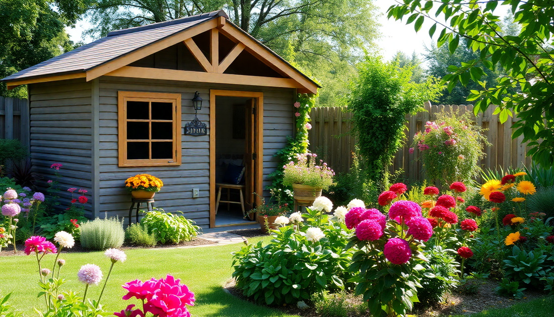 Beautiful garden shed surrounded by vibrant flowers, illustrating how long should you store compost