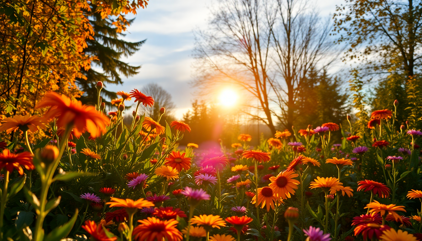 Vibrant flowers blooming in a garden at sunset, highlighting gardening in autumn