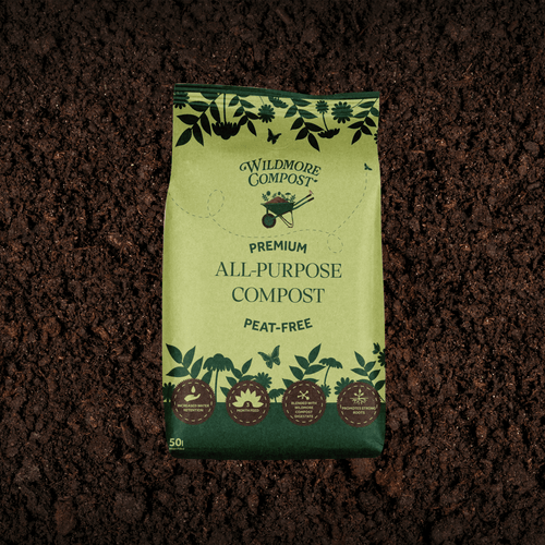 Wildmore Compost premium peat free all-purpose compost UK bag on dark soil background