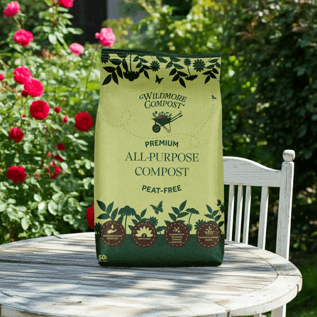 Bag of peat free all-purpose compost UK on wooden garden table surrounded by vibrant red roses