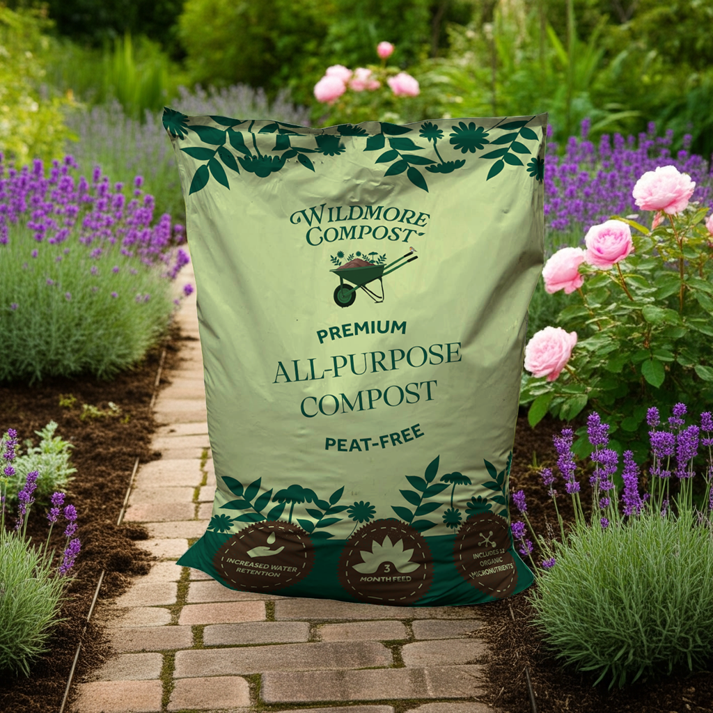 Bag of Wildmore Premium All Purpose compost labelled peat free compost standing on garden path with lavender and roses